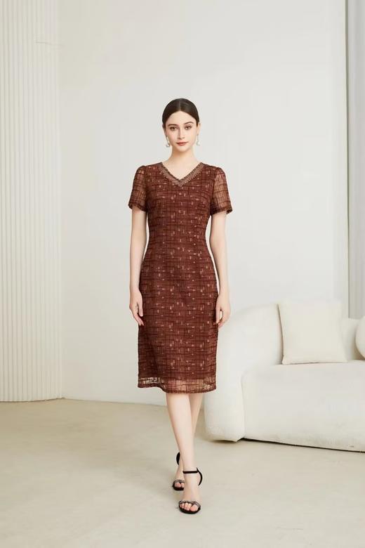 HJ1S90_十样锦 / 栗壳色_连衣裙_四季_气质优雅 V 领蕾丝提花收腰显瘦百搭连衣裙_高级女装_BERNIEELEN 伯妮斯茵 商品图2