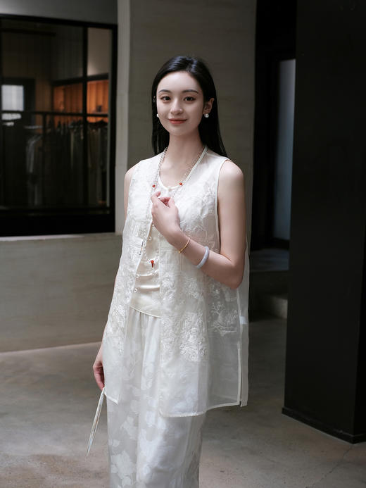 盛唐婧 |桑蚕丝真丝绡长款马甲-白色 商品图1