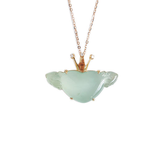 【天然正品】A货翡翠天然高冰种晴水绿爱心翅膀翡翠AU750黄金镶钻皇冠吊坠项链26.2*18.1*4.5MM（皆取最大值）190823XY23+ 商品图0