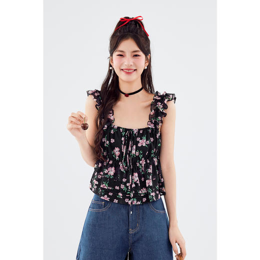 【严选】诗凡黎连衣裙吊带裙子女2024春夏新款碎花印花浪漫荷叶边温柔SF5491681 商品图2