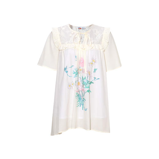 两三事梵高文艺亭风花事2024夏新款复古荷叶边蕾丝拼接印花衬衫女 商品图4