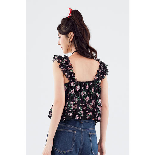 【严选】诗凡黎衬衫方领荷叶袖衬衣女2024春夏新款印花浪漫显瘦百搭SF6320931 商品图4