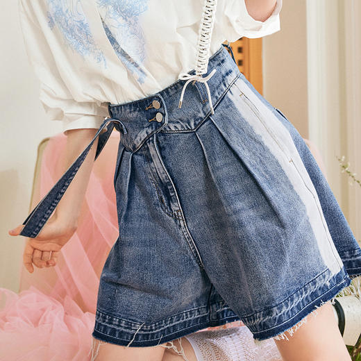 两三事梵高文艺 热带海屿 2024夏新款毛边裤脚不对称背带牛仔裤女 商品图1