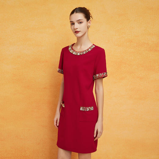 PF8C1斯尔丽2024新款清爽透气H型气质小香短袖撞色镶钻经典显瘦连衣裙 商品图2