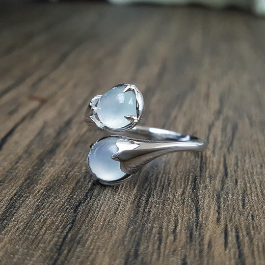 【天然正品】A货翡翠天然冰种白色双蛋面AU750白金翡翠戒指13号（戒圈可改）070623XY08+ 商品图2