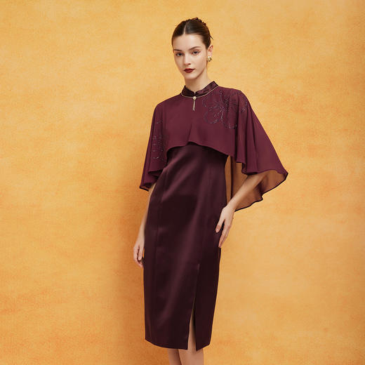 PF8F9斯尔丽24新款商场同款设计感浪漫披肩不规则摆改良旗袍版连衣裙 商品图2