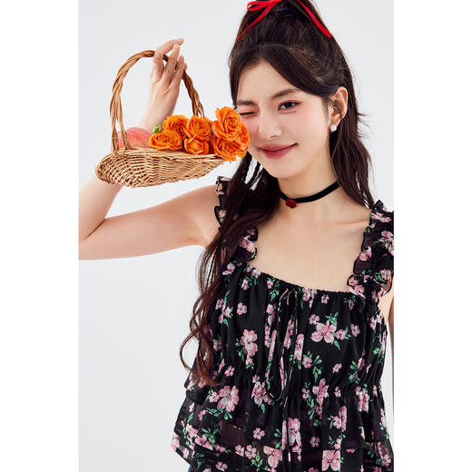 【严选】诗凡黎连衣裙吊带裙子女2024春夏新款碎花印花浪漫荷叶边温柔SF5491681 商品图3