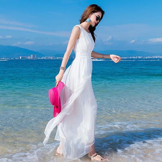 丁摩 修身高腰真丝纯色波西米亚海边度假旅游桑蚕丝沙滩裙连衣裙4ZF-9925 商品图1