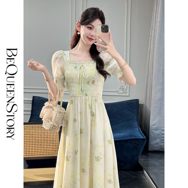 BeQueenStory【绿野风声】法式温柔风泡泡袖打揽收腰方领印花连衣裙