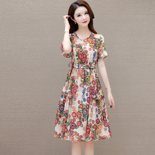 短袖圆领印花连衣裙，洋气收腰中长款A字裙QYM- JJ-HB246623-Y 商品图1