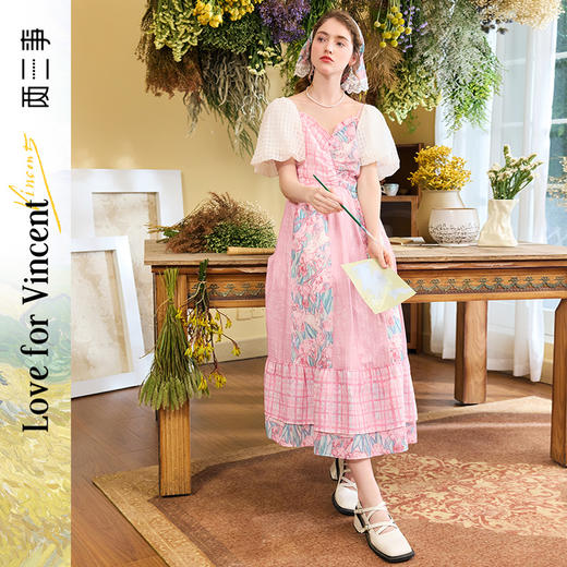 两三事梵高文艺酒心许愿池2024夏季新款可拆泡泡袖两穿印花连衣裙 商品图0