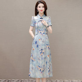 印花改良旗袍连衣裙，气质优雅短袖中长裙QYM-KED-H1867 -Y