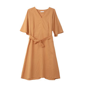 V领法式系带棉麻连衣裙