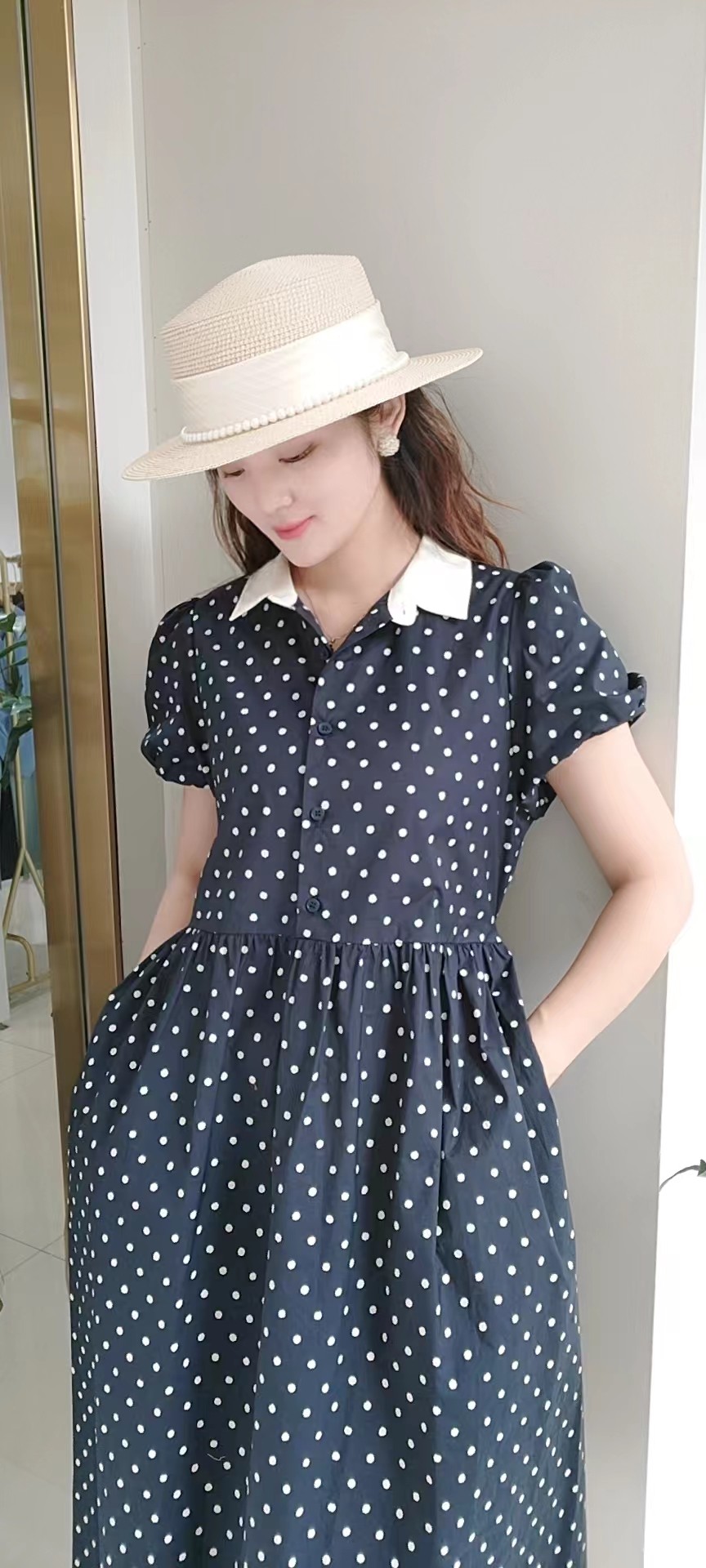 青春减龄优雅全棉波点连衣裙，有腰带可调节大小！舒适随意透气！均码廓形140斤内均可穿！48T630款