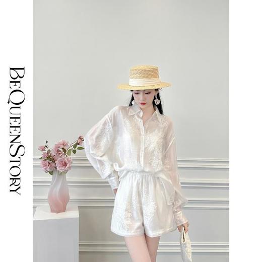 BeQueenStory【冷萃清泉】重工国风立体刺绣轻薄衬衫&微A短裤 商品图2