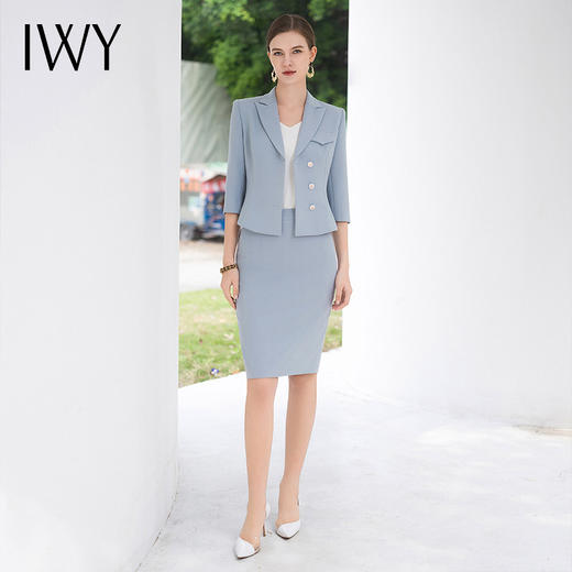 IWY/七分袖职业裙装女蓝色西装套裙气质优雅美容师商务工作服CS1996 商品图3