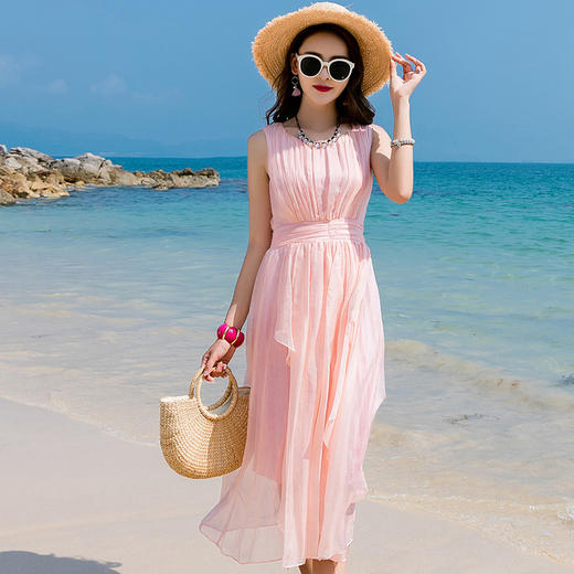 丁摩 修身高腰真丝纯色波西米亚海边度假旅游桑蚕丝沙滩裙连衣裙4ZF-9925 商品图8