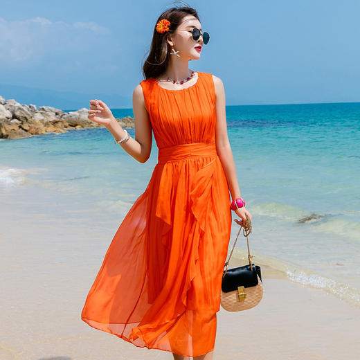 丁摩 修身高腰真丝纯色波西米亚海边度假旅游桑蚕丝沙滩裙连衣裙4ZF-9925 商品图6