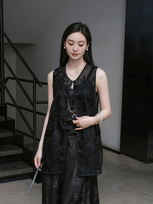 盛唐婧 |桑蚕丝真丝绡长款马甲-黑色 商品图0