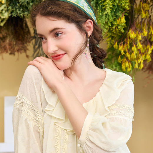 两三事梵高文艺日落小镇2024夏季新款荷叶边绑带领印花雪纺衫女 商品图2