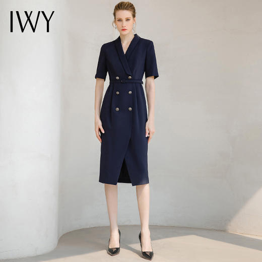 IWY/时尚藏青色绑带西装连衣裙工装裙通勤短袖夏高个子170气质长裙242033Q1 商品图0