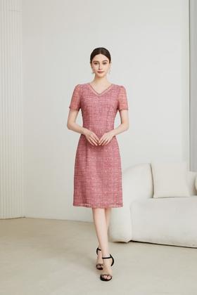 HJ1S90_十样锦 / 栗壳色_连衣裙_四季_气质优雅 V 领蕾丝提花收腰显瘦百搭连衣裙_高级女装_BERNIEELEN 伯妮斯茵