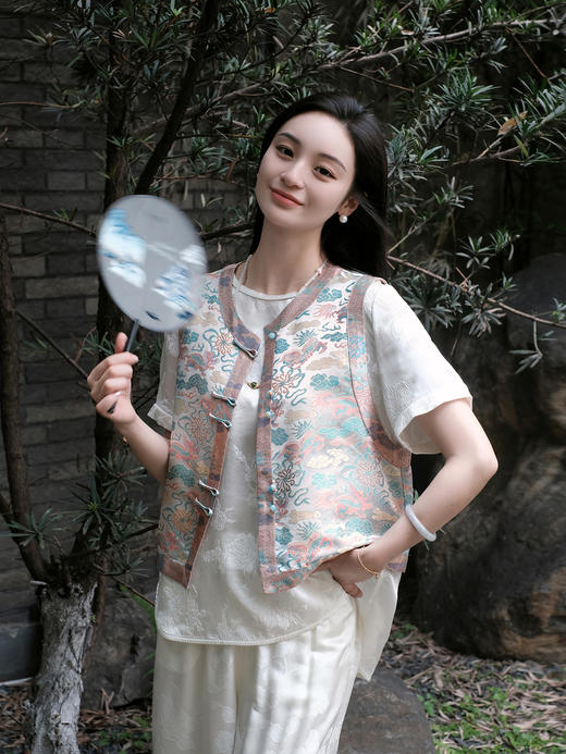 盛唐婧 |真丝宋锦一路青云对襟马甲 商品图0