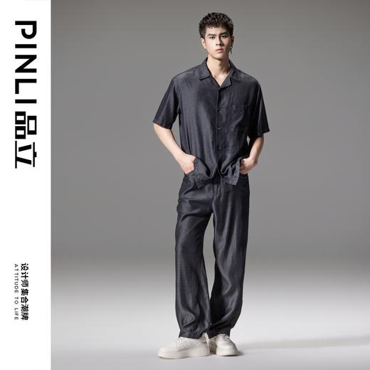 PINLI品立夏季新款宽松翻领牛仔短袖衬衫雅痞男士休闲衬衣潮GD242313308 商品图3