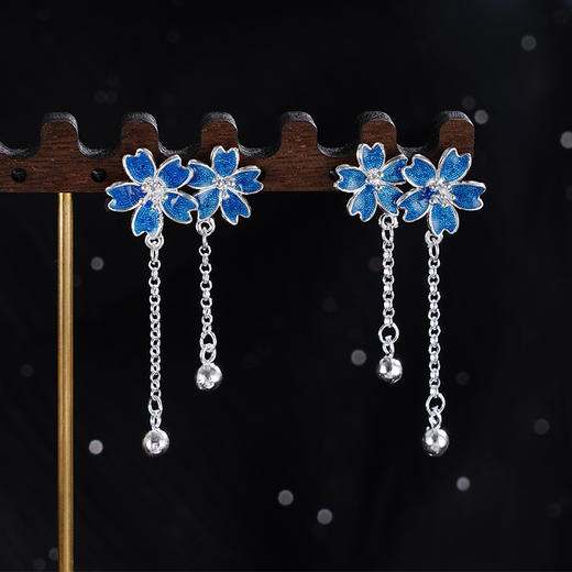 子佩集S990银【幽蓝花畔】耳环【QFES043】纯银珐琅彩两朵花2405 商品图0