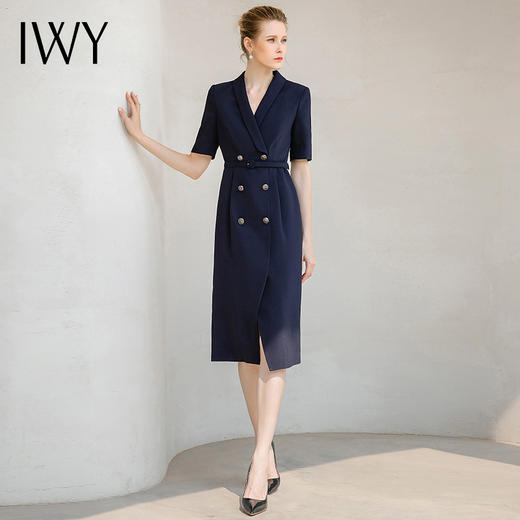 IWY/时尚藏青色绑带西装连衣裙工装裙通勤短袖夏高个子170气质长裙242033Q1 商品图1