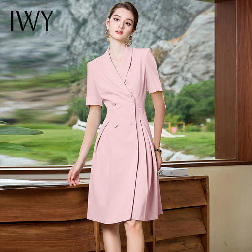 IWY/粉色西装连衣裙女夏季短袖职业装播音艺考正装收腰气质裙Q1165 商品图1