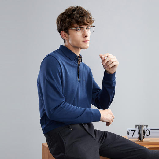 【含羊毛/5A抗菌2A防螨】柒牌男士长袖polo衫商务休闲无缝翻领T恤125T70170 商品图1