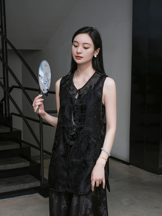 盛唐婧 |桑蚕丝真丝绡长款马甲-黑色 商品图3