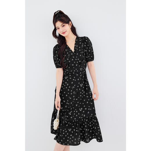 【严选】诗凡黎连衣裙V领显瘦荷叶领女裙子2024春夏新款碎花印花浪漫SF6391621 商品图0