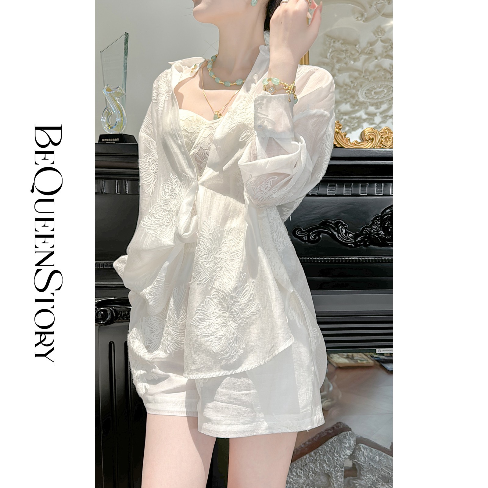 BeQueenStory【冷萃清泉】重工国风立体刺绣轻薄衬衫&微A短裤