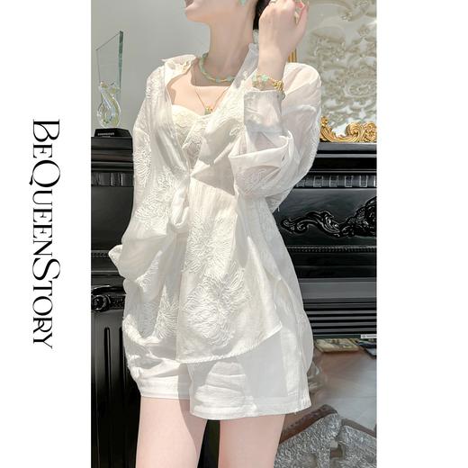 BeQueenStory【冷萃清泉】重工国风立体刺绣轻薄衬衫&微A短裤 商品图0