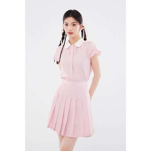 【严选】诗凡黎娃娃领粉白条纹衬衫套装2024夏新款飞飞袖miu系减龄两件套SF5420901 商品图2