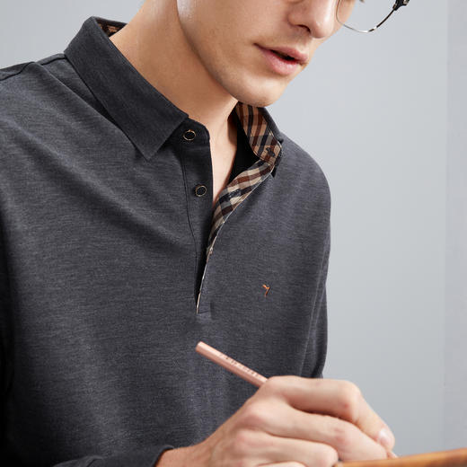 【含羊毛/5A抗菌2A防螨】柒牌男士长袖polo衫商务休闲无缝翻领T恤125T70170 商品图2