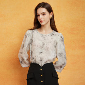 PF271斯尔丽2024夏季新款晕染工艺圆领泡袖借肩显瘦中袖质感上衣