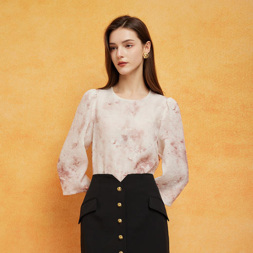 PF271斯尔丽2024夏季新款晕染工艺圆领泡袖借肩显瘦中袖质感上衣 商品图6