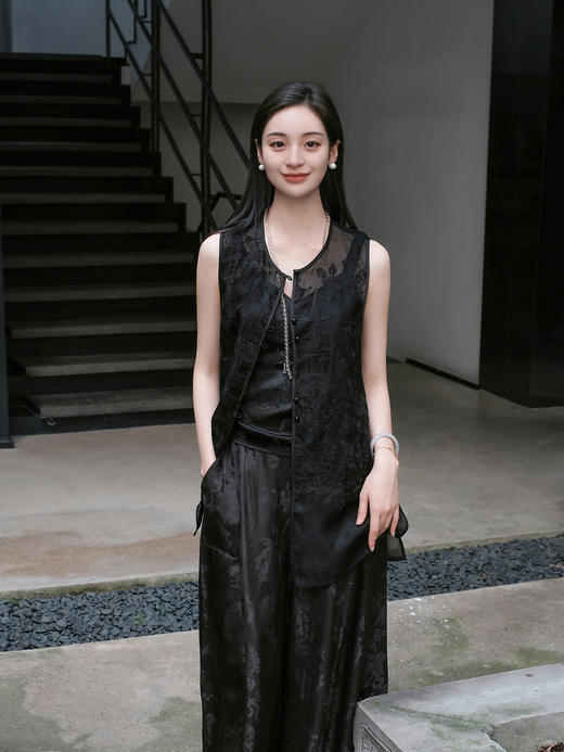 盛唐婧 |桑蚕丝真丝绡长款马甲-黑色 商品图2