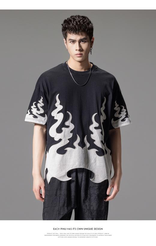 PINLI品立2024夏季新款火焰贴布绣圆领T恤男士撞色休闲短袖潮上衣B242111114 商品图0