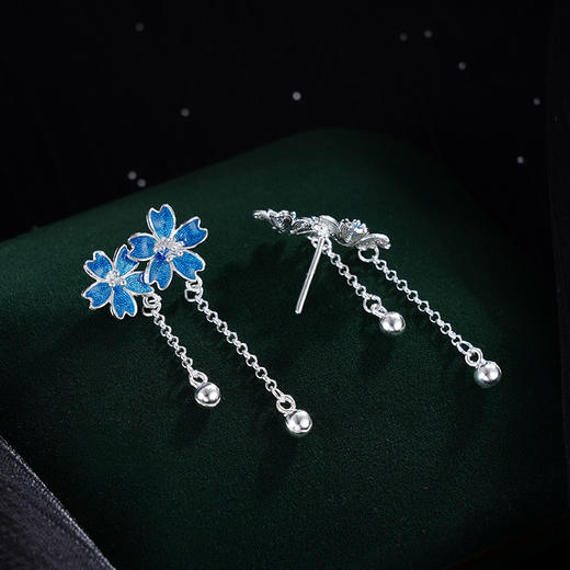 子佩集S990银【幽蓝花畔】耳环【QFES043】纯银珐琅彩两朵花2405 商品图3