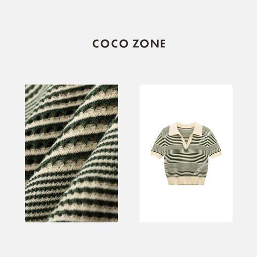 COCO ZONE"绿庭”夏季时尚拼色条纹短袖针织衫气质百搭翻领上衣CC2B0718 商品图2