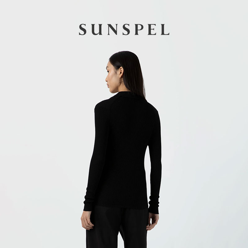 SUNSPEL女士桑蚕丝真丝棱纹翻领针织开衫