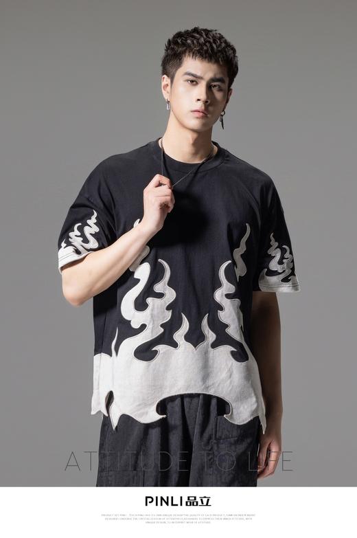 PINLI品立2024夏季新款火焰贴布绣圆领T恤男士撞色休闲短袖潮上衣B242111114 商品图6