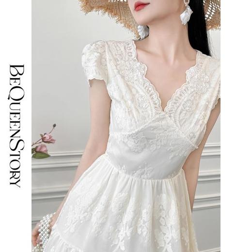 BeQueenStory【月光露易丝】高级感重工立体绣花法式V领收腰连衣裙 商品图4