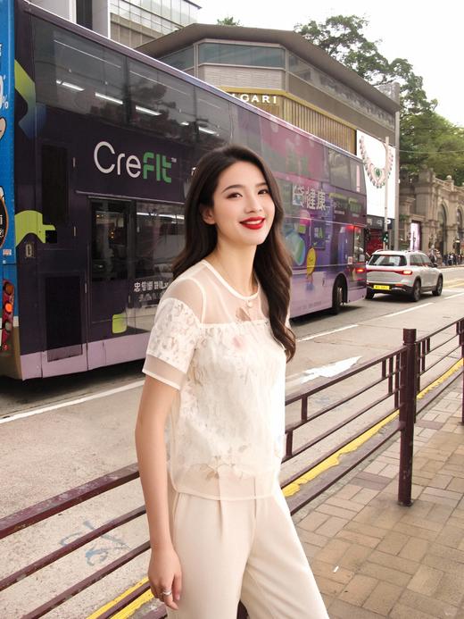 OLrain法式高级穿搭白色雪纺衫女夏季2022年新款欧根纱印花套头衫06XS81193 商品图10