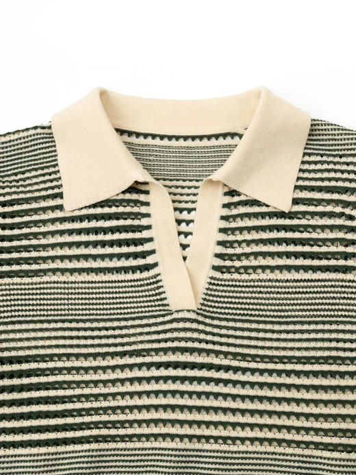 COCO ZONE"绿庭”夏季时尚拼色条纹短袖针织衫气质百搭翻领上衣CC2B0718 商品图4