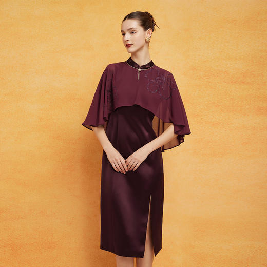 PF8F9斯尔丽24新款商场同款设计感浪漫披肩不规则摆改良旗袍版连衣裙 商品图0